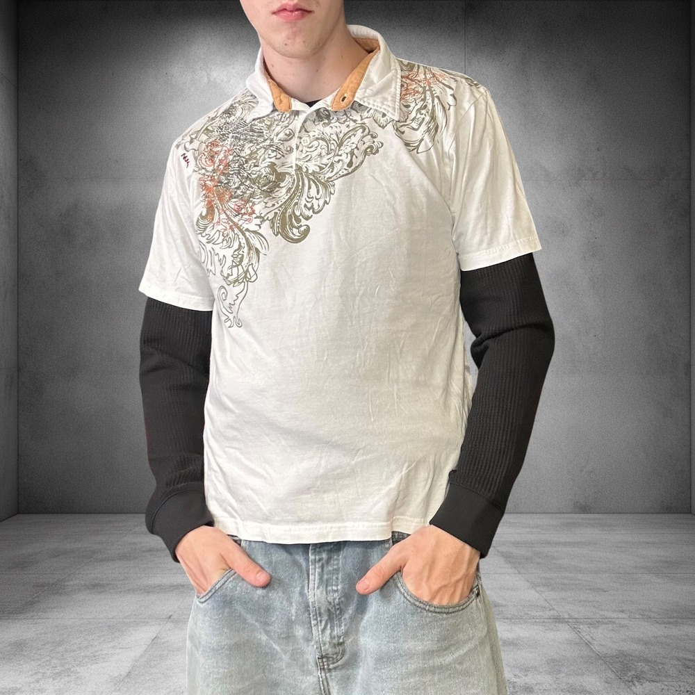 Vintage Elixir Y2K Graphic Polo Shirt White Large Skater Grunge Scroll Print
